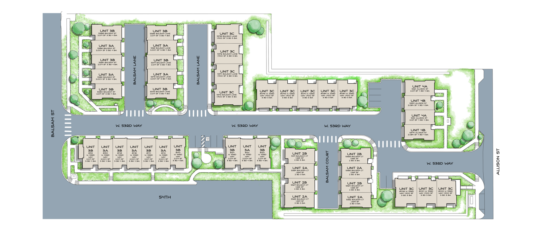 Site plan of an apartment complex with rows of beige buildings, roads, and green landscaping on a white background