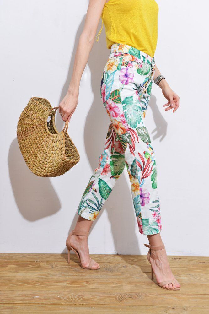 Floral, Fern And Leaves Pattern Pants With High Heel Shoes And Bamboo Handbag — Boutique in Gympie, QLD
