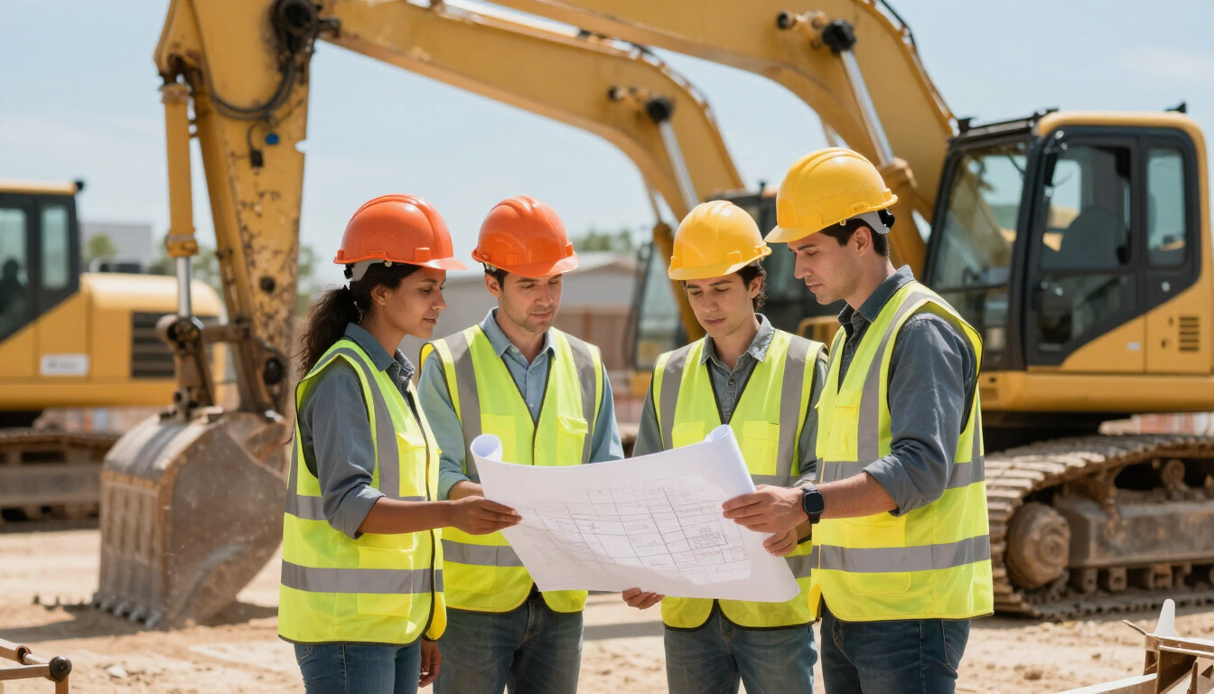Equipo revisando planos en proyecto de construcción