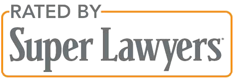 Rated by Super Lawyers logo in gray text with an orange underline and border