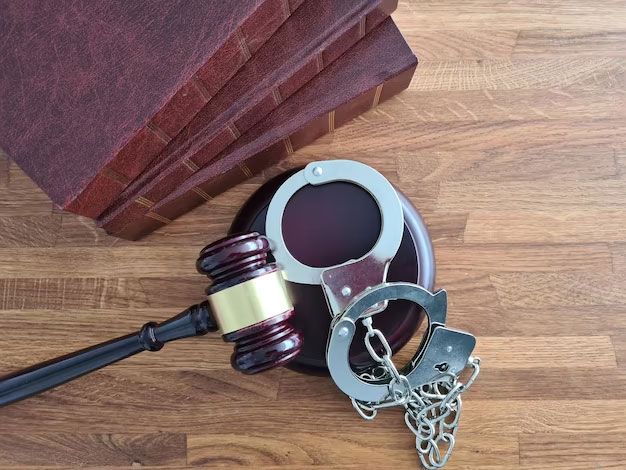 Gavel beside a silver handcuff set and keyring on a wooden desk, with a stack of red books nearby