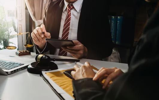 Two people in a business meeting using a tablet, notebook, and calculator at a desk