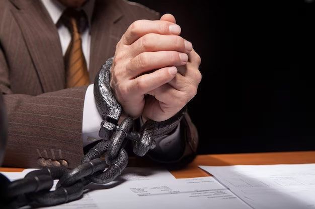 Hands bound with metal chains over a desk, suggesting arrest or imprisonment