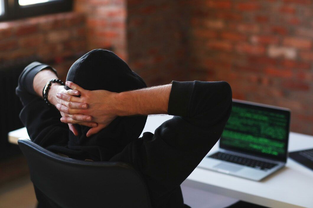 Person in black hoodie leaning back at desk with laptop showing green code on screen