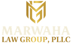 Gold “MARWAHA LAW GROUP, PLLC” logo with stylized M emblem on white background