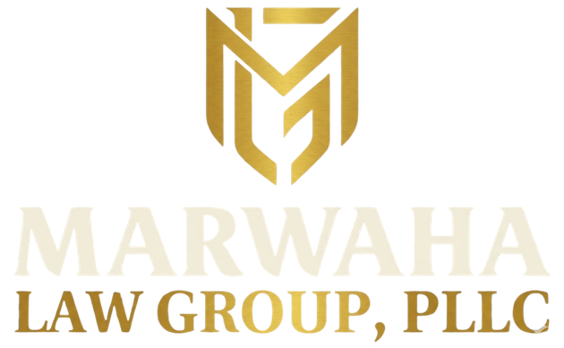 Gold “MARWAHA LAW GROUP, PLLC” logo with stylized M emblem on white background