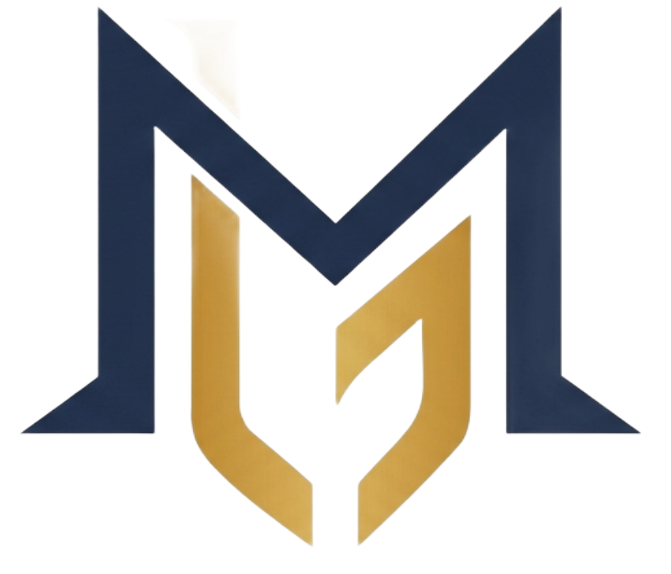 Stylized navy and gold geometric M logo on a white background
