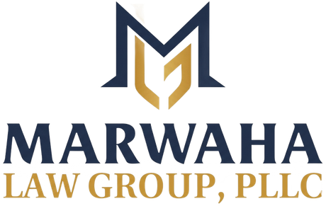 Marwaha Law Group, PLLC logo in navy and gold with stylized ML monogram