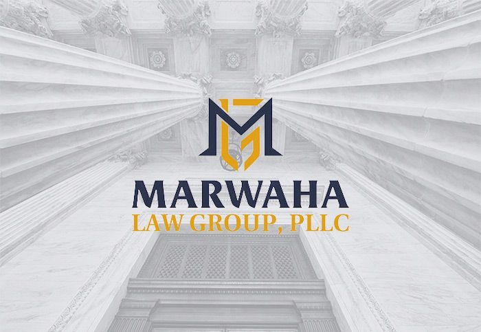 Marwaha Law Group, PLLC logo over gray courthouse columns