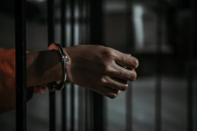 Handcuffed wrist gripping prison bars in a dark cell