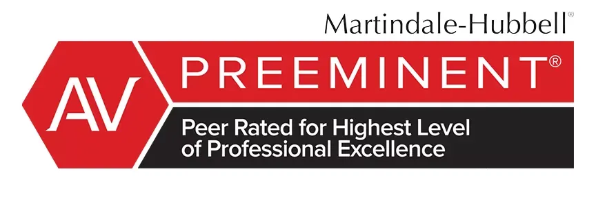 Martindale-Hubbell AV Preeminent red-and-white rating badge with “Peer Rated for Highest Level of Professional Excellence”