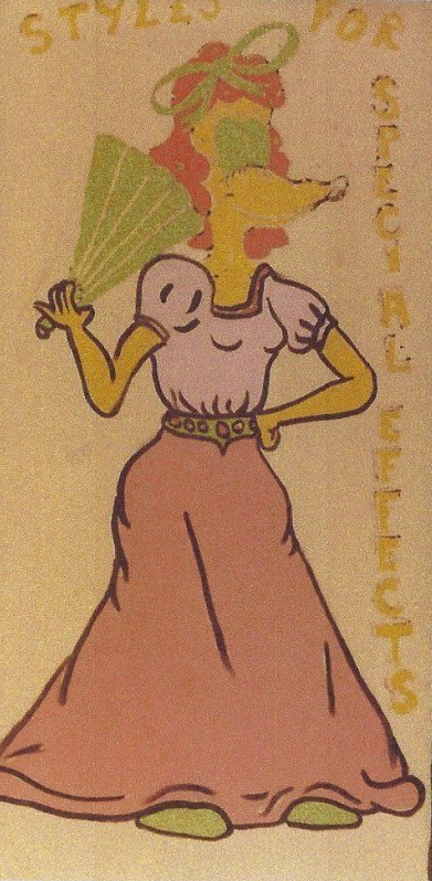 A cartoon drawing of a woman in a pink dress