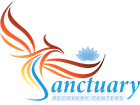 A logo for sanctuary recovery centers with a bird and a lotus flower