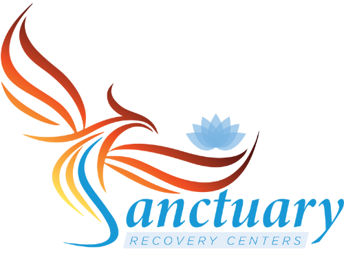 A logo for sanctuary recovery centers with a bird and a lotus flower