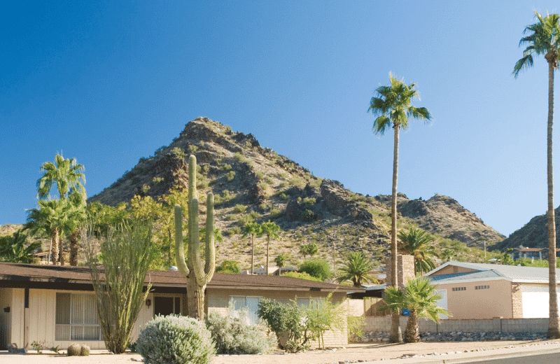 A house with a mountain in the background and palm trees in front of it.