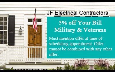 Advertisement for JF Electrical Contractors: 5% off for military & veterans. A teal box over a house.