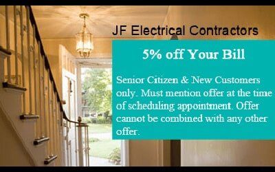 Advertisement for JF Electrical Contractors: 5% off for senior citizens and new customers.