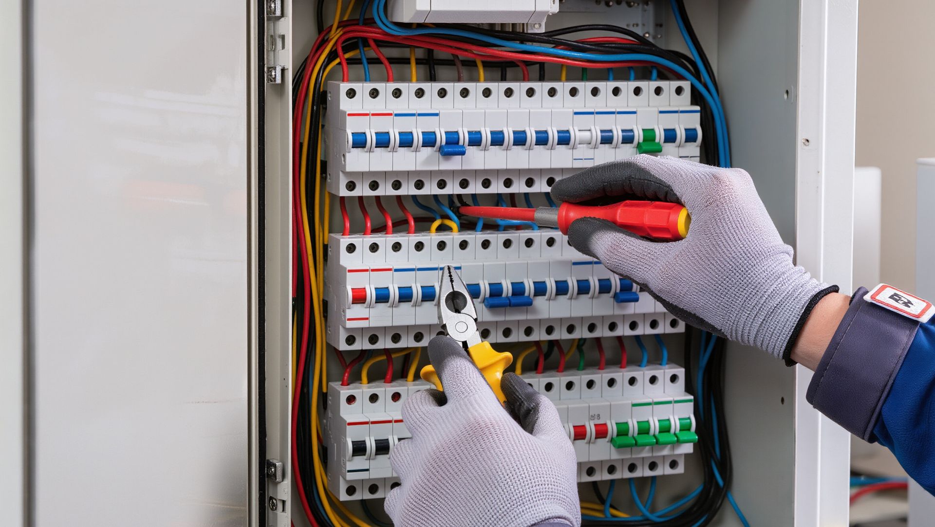 An electrician is working on a breaker box.