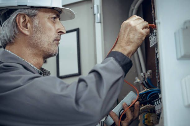 Electrician in hard hat testing wires in an electrical panel.