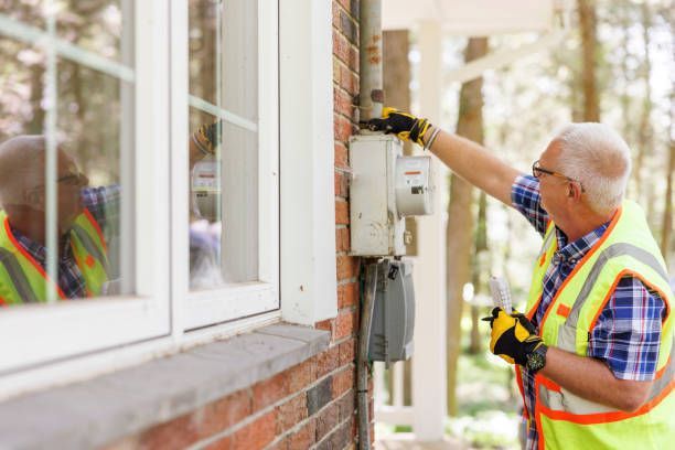 A residential electrician in a vest and glasses fixes an electrical meter during an emergency.