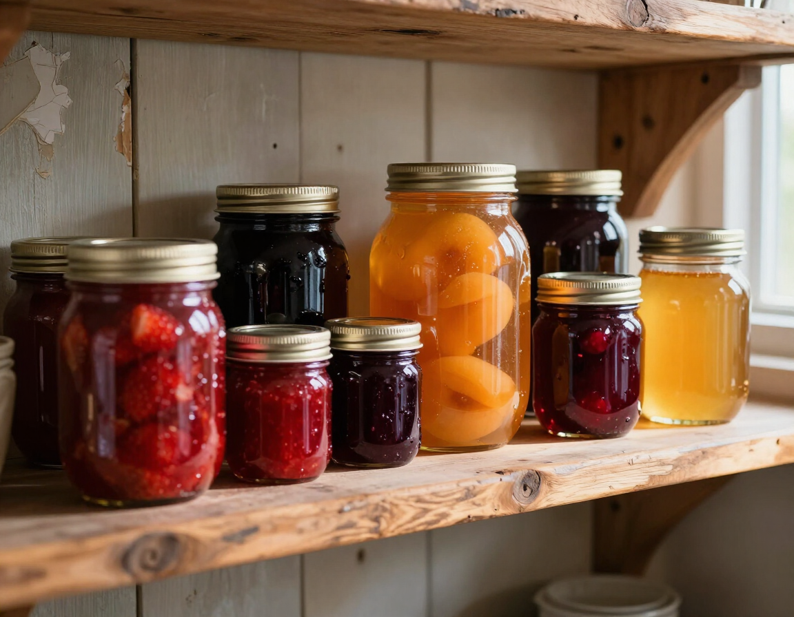 Mason jars of colorful jams and golden honey on a rustic wooden shelf