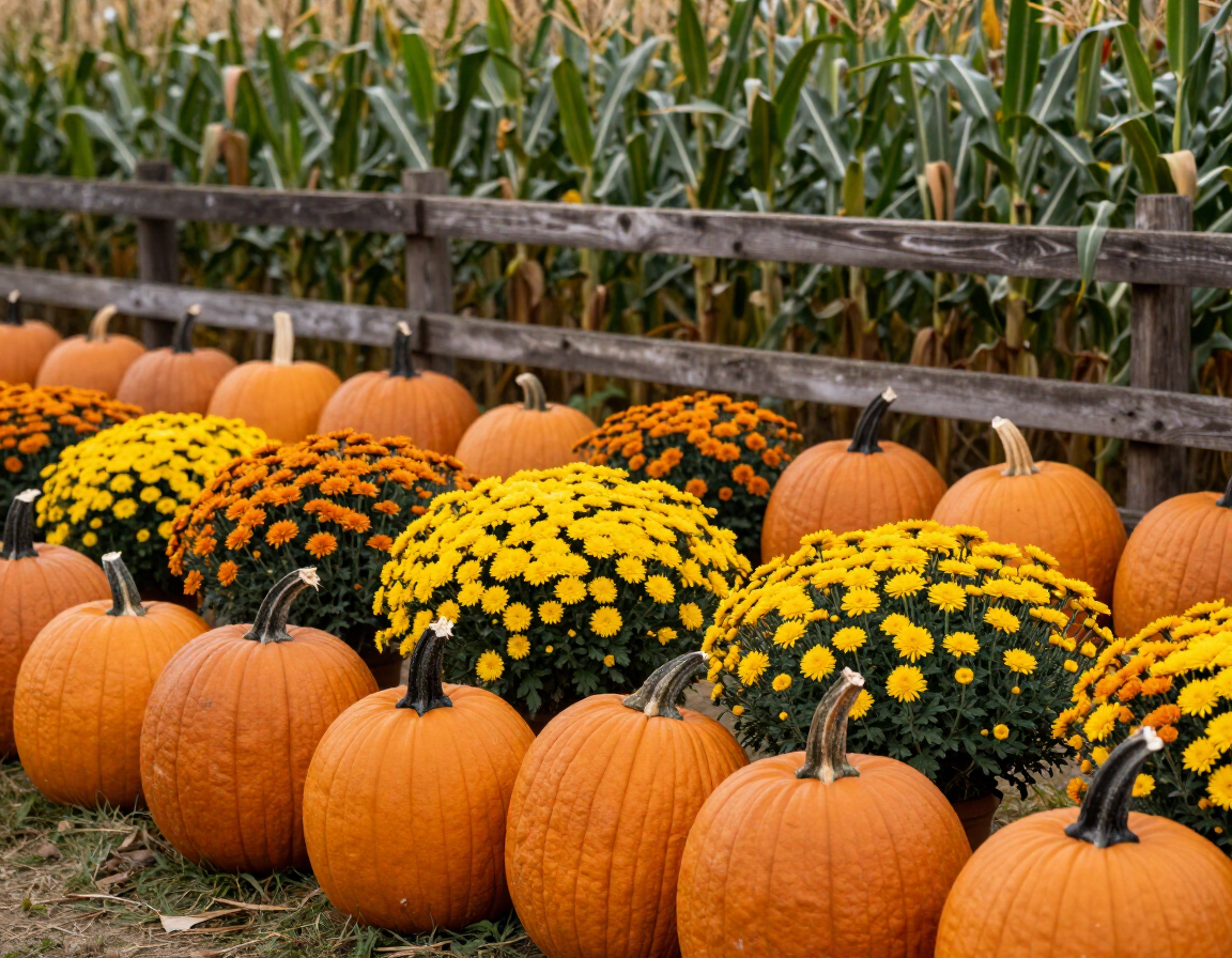 Seasonal fall field with pumpkins mums and corn