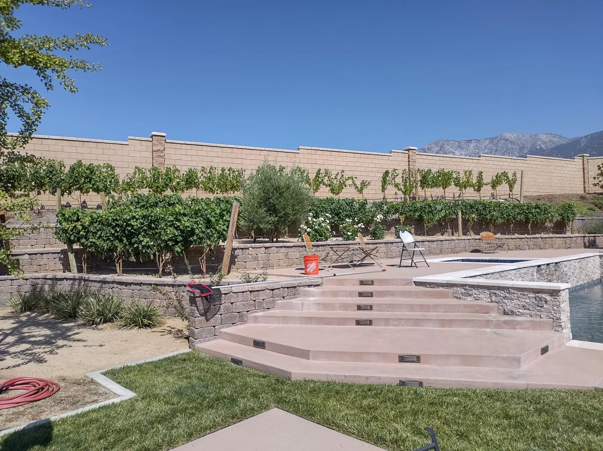 Stone patio steps lead to a pool, with a vineyard and wall in the background under a blue sky.