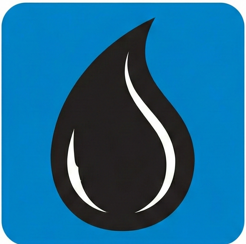 A black teardrop-shaped icon with two white curved lines inside, set against a bright blue square background.