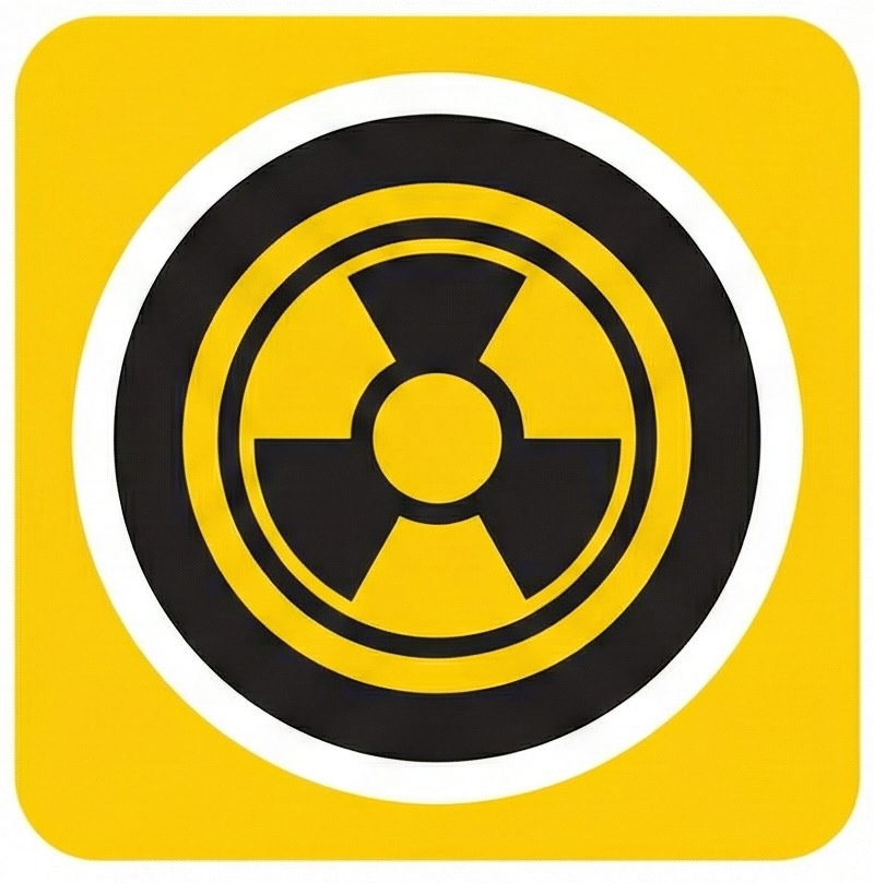 A black radiation hazard symbol centered on a yellow background with rounded corners and a thin white circular border.