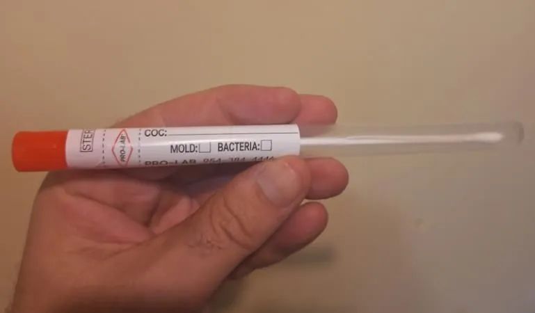 A hand holds a laboratory swab kit labeled for mold and bacteria testing, featuring a white tip and an orange cap.