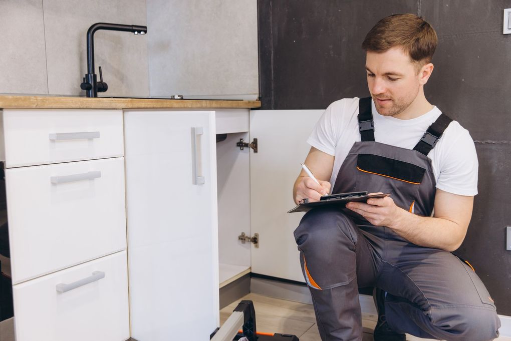 A person in a gray work jumpsuit kneels on the floor, writing on a clipboard while inspecting an open kitchen cabinet.