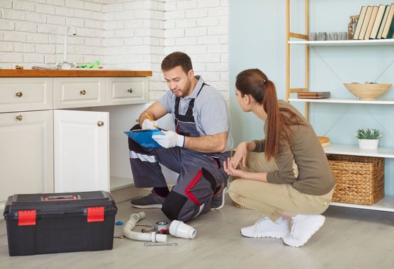 A plumber in uniform repairs under-sink pipes as a customer observes, with a toolbox on the floor in a bright kitchen.