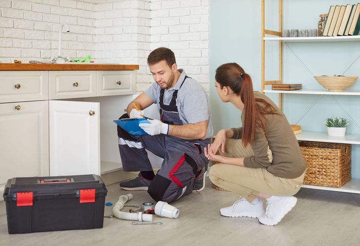 A plumber in uniform repairs under-sink pipes as a customer observes, with a toolbox on the floor in a bright kitchen.