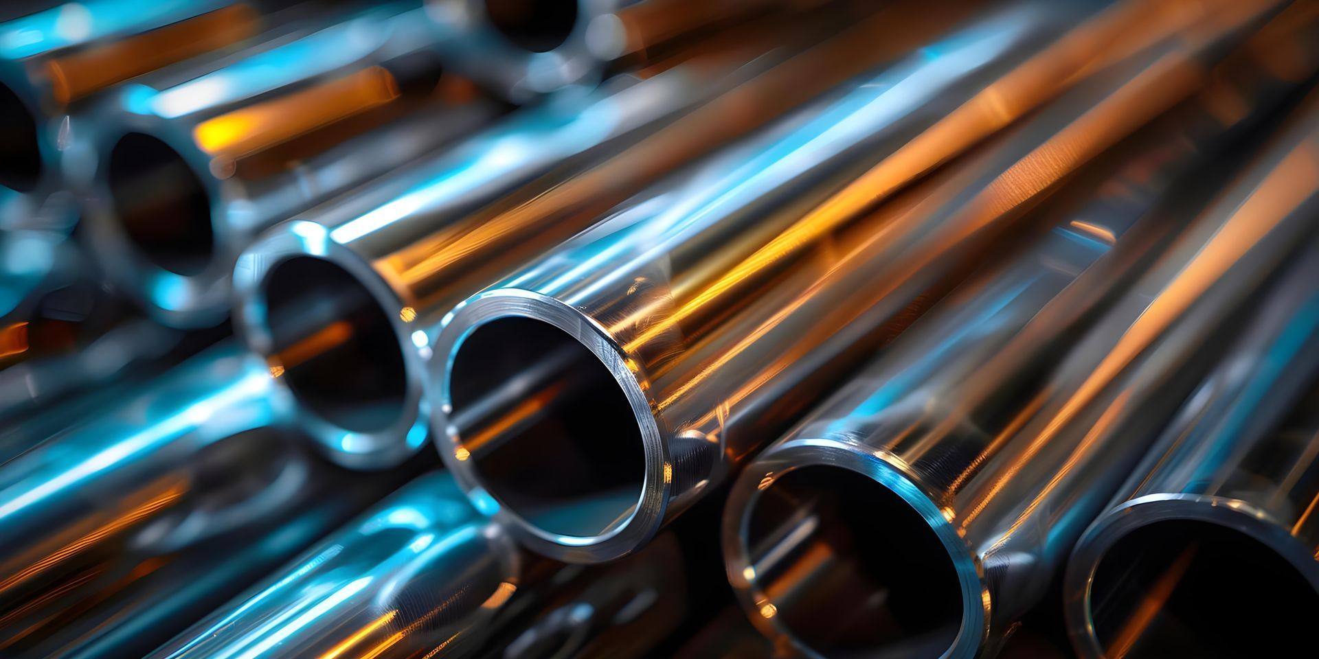 Gros plan sur des tubes métalliques brillants empilés, reflétant une lumière orange et bleue.