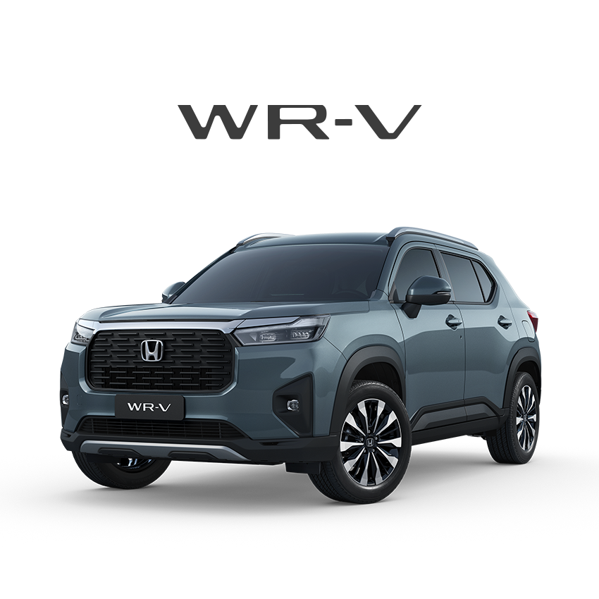 SUV Honda WR-V cinza com detalhes em preto sobre fundo branco. Logotipo "WR-V" acima do veículo.