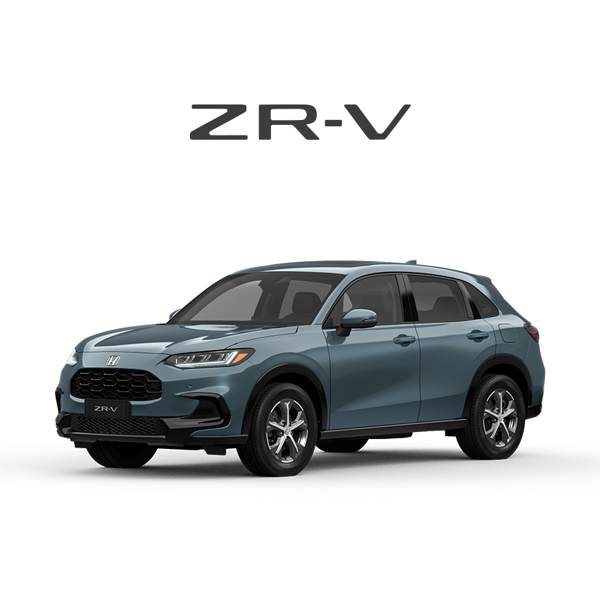 SUV Honda ZR-V azul estacionado sobre um fundo branco com a inscrição "ZR-V" acima do veículo.