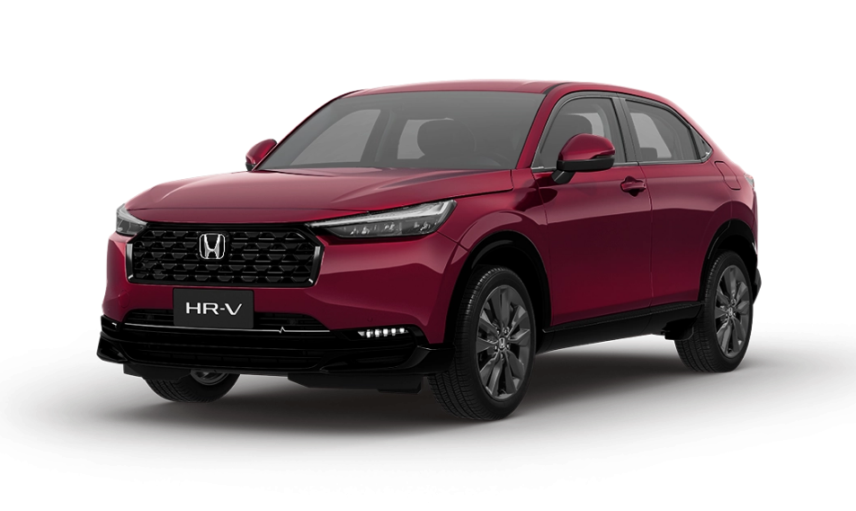 SUV Honda HR-V vermelha sobre fundo branco. Vista frontal com detalhes em preto e rodas cinza.