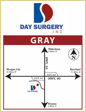 Map of Day Surgery Inc. in Gray, Louisiana, with highway directions and a logo.