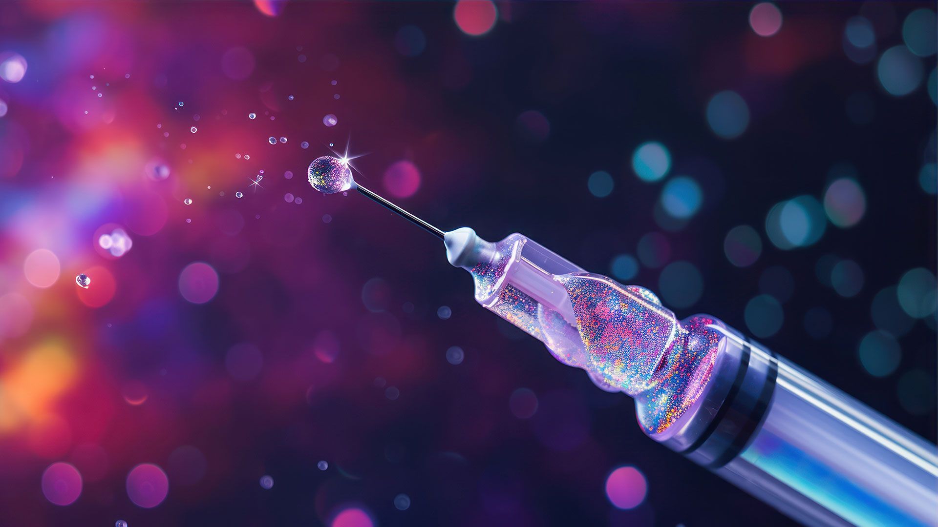 Syringe with sparkling medication, a drop at the needle tip, against a bokeh background.