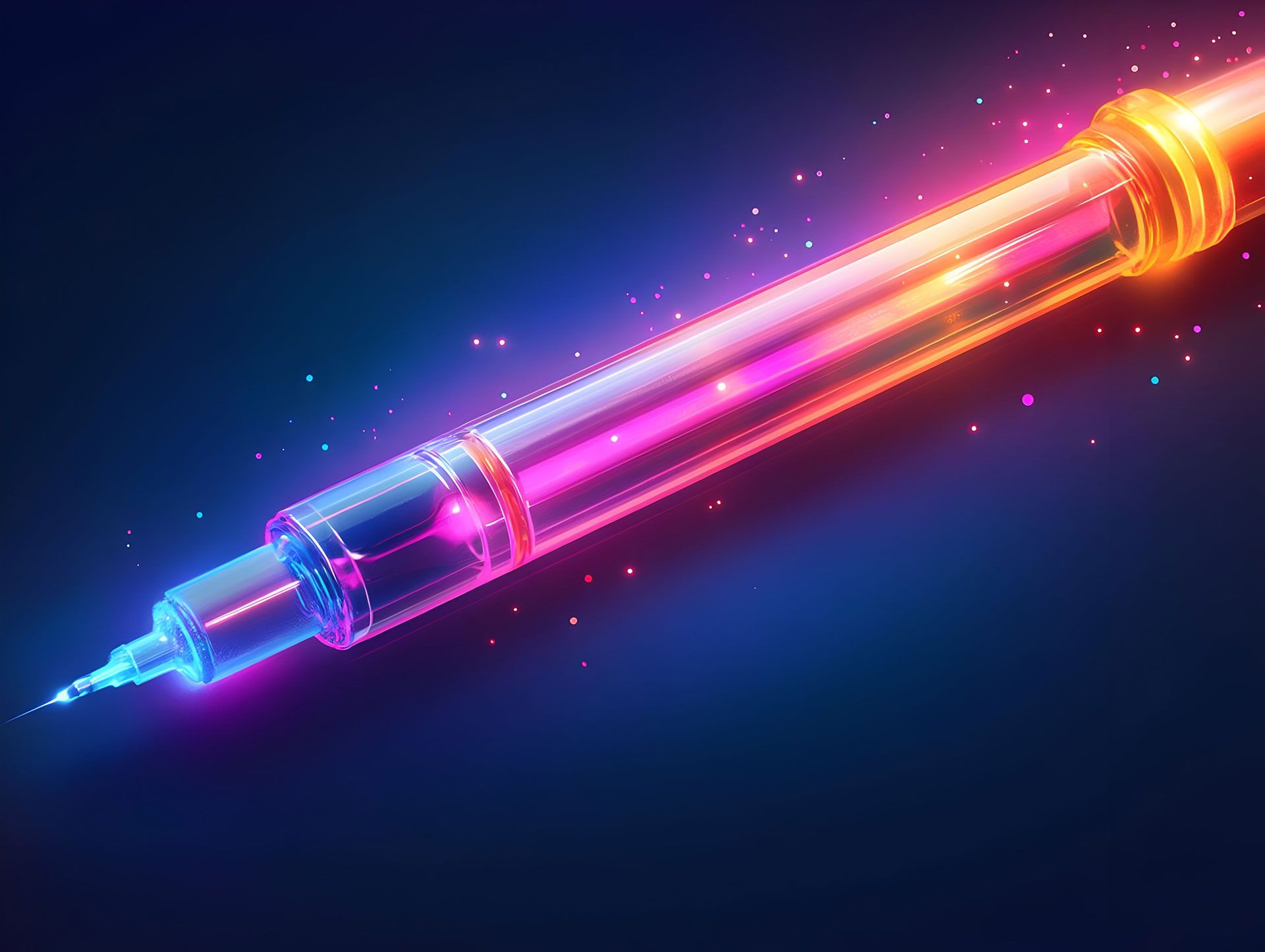 A neon syringe with a needle is glowing in the dark.