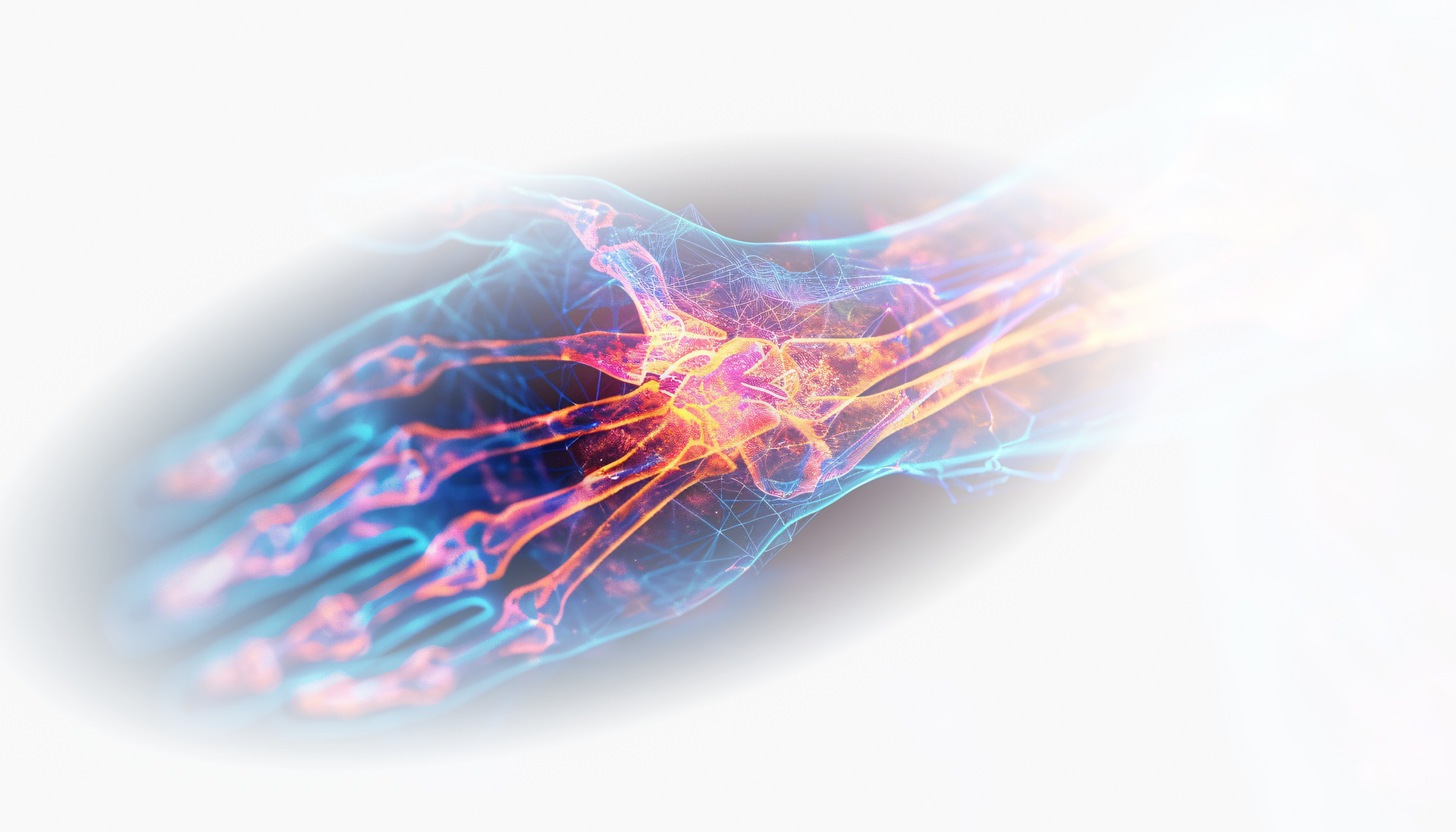 A hand with glowing veins and bones overlaid, showcasing human anatomy with a bright, futuristic aesthetic.