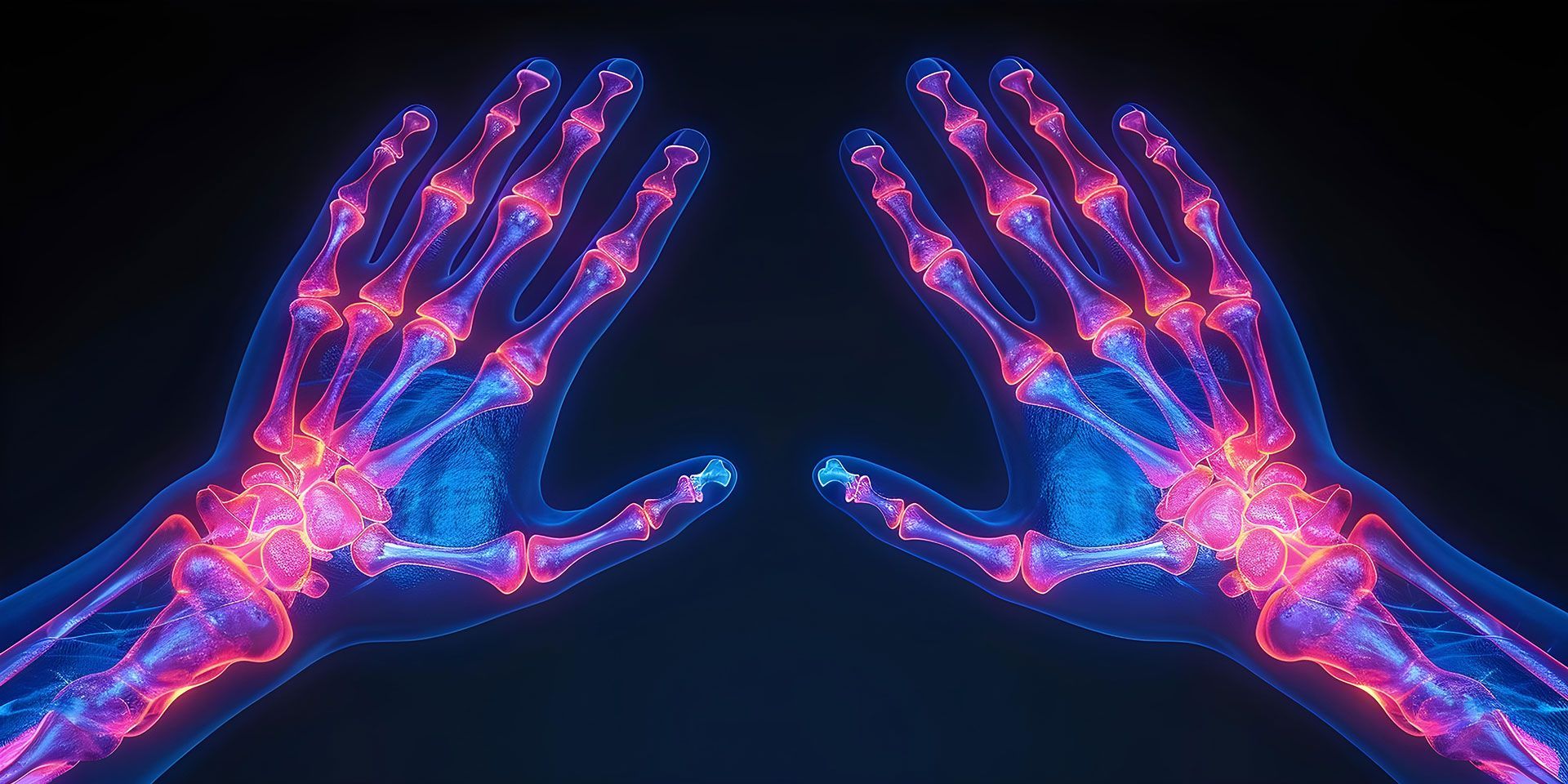 Glowing, x-ray-like illustration of two hands, bones and joints highlighted in pink and blue.