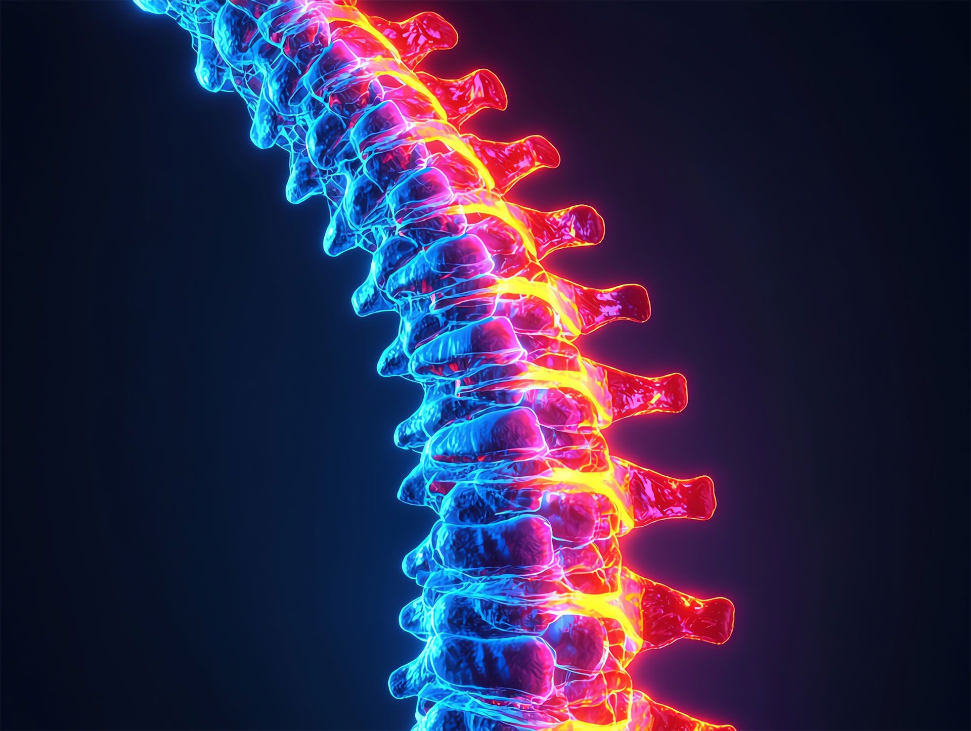 A 3d rendering of a human spine with red and blue lights.