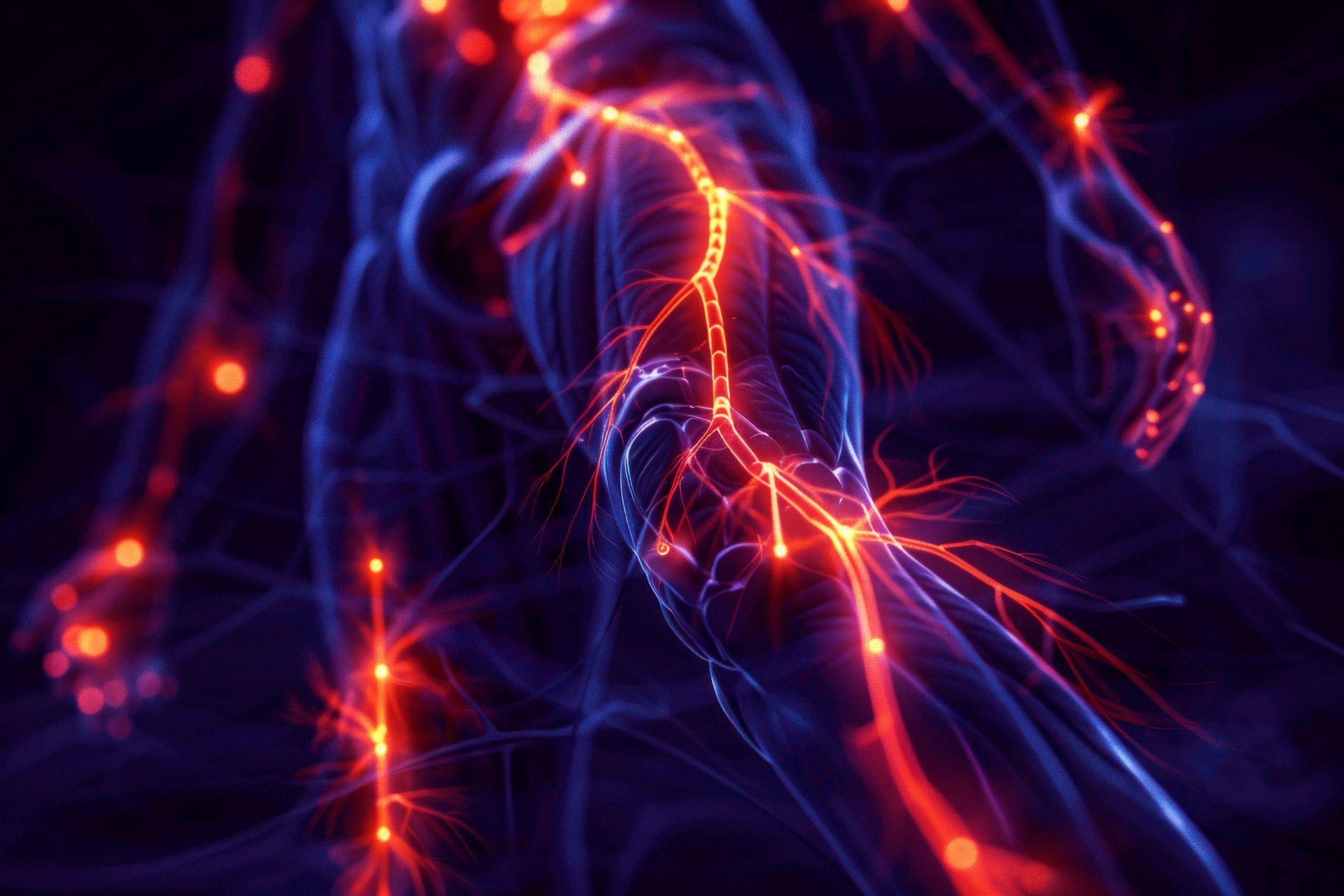 Human body with glowing red nervous system, highlighting nerves and nodes against blue background.