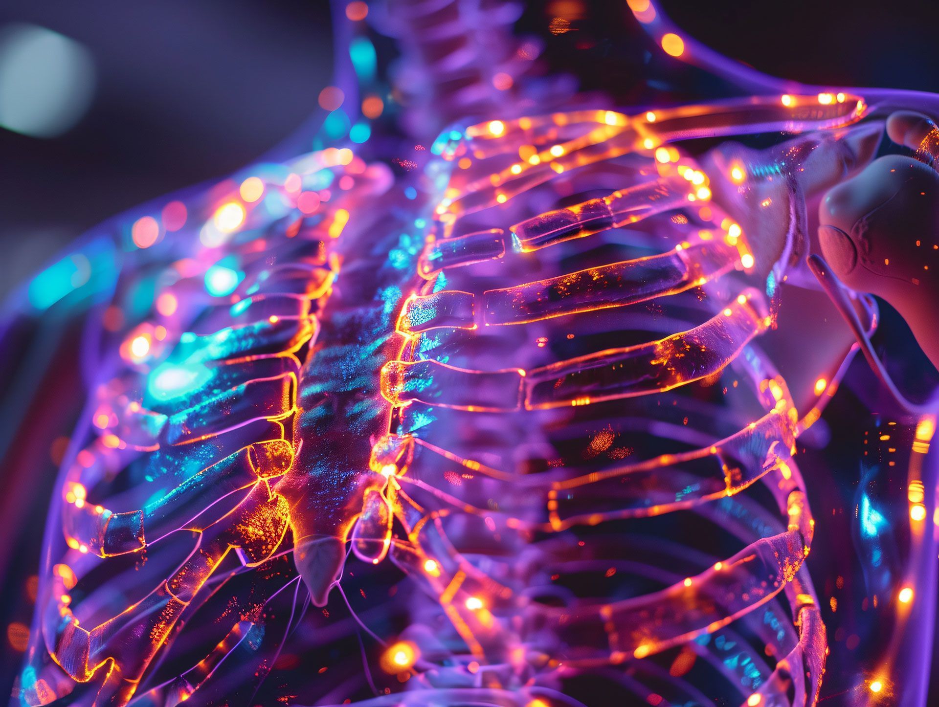 Glowing, neon-colored human skeletal structure. Rib cage and shoulders illuminated in blue and orange.