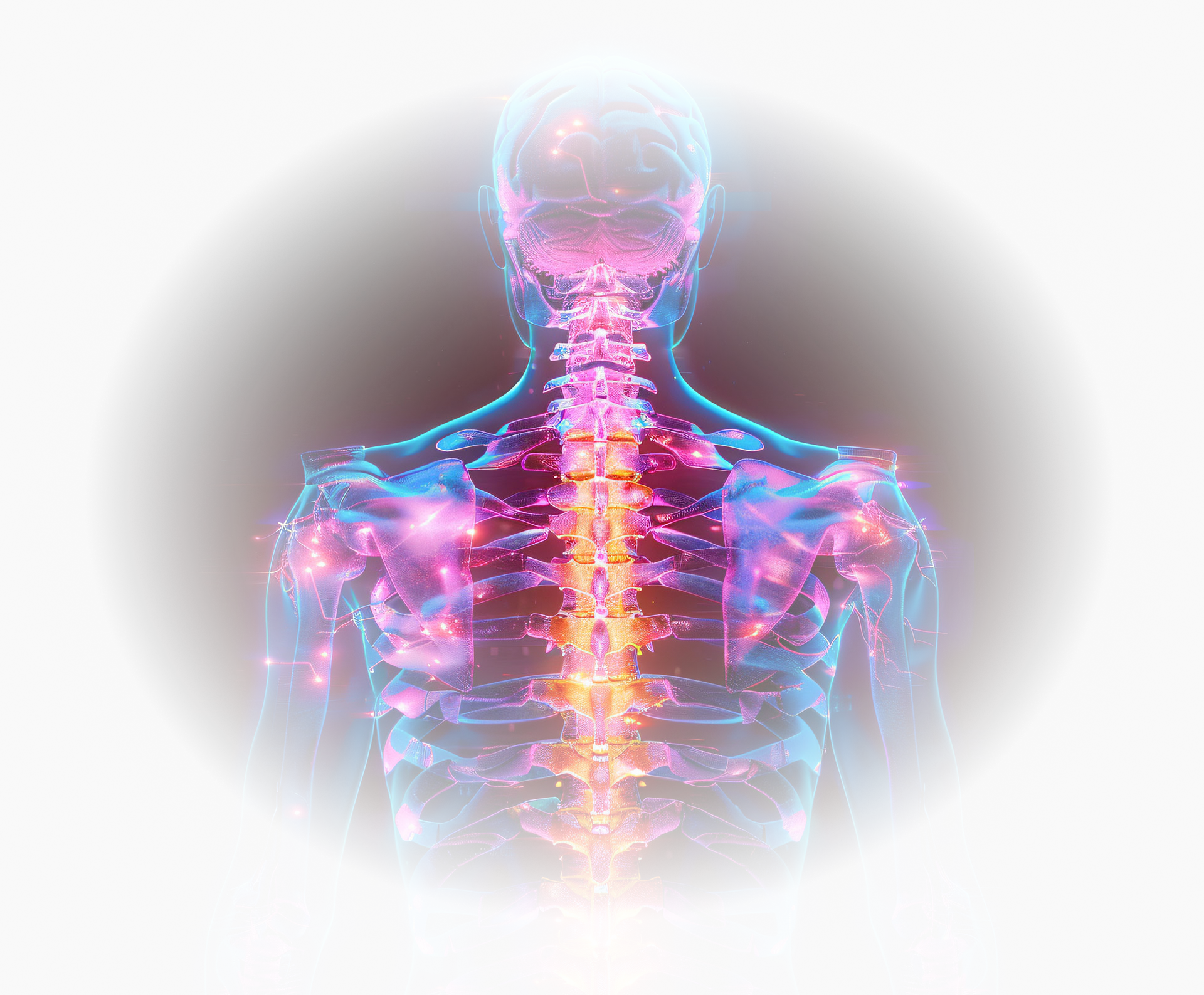 Back view of a translucent human body with glowing spinal cord, highlighting the nervous system.