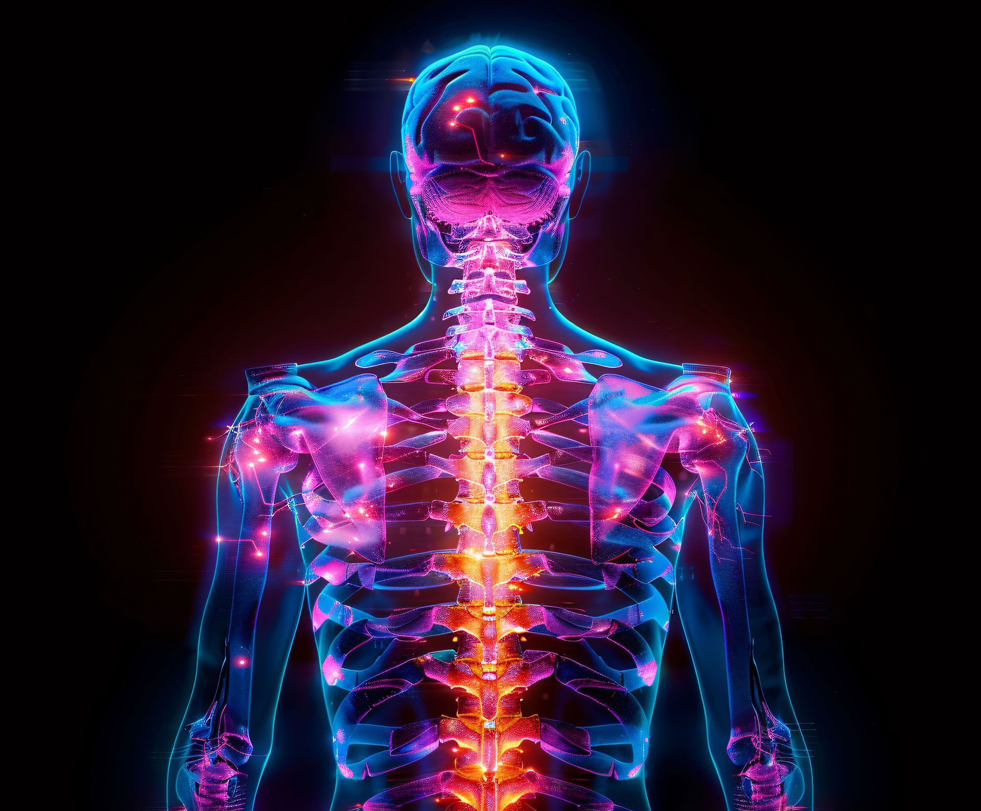Glowing, digital human body showing skeleton and nervous system in blue, orange, and purple.