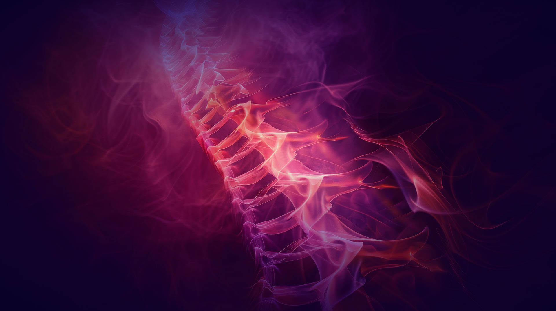 Abstract rendering of a glowing, spiraling structure in purples, reds, and blues against a dark background.
