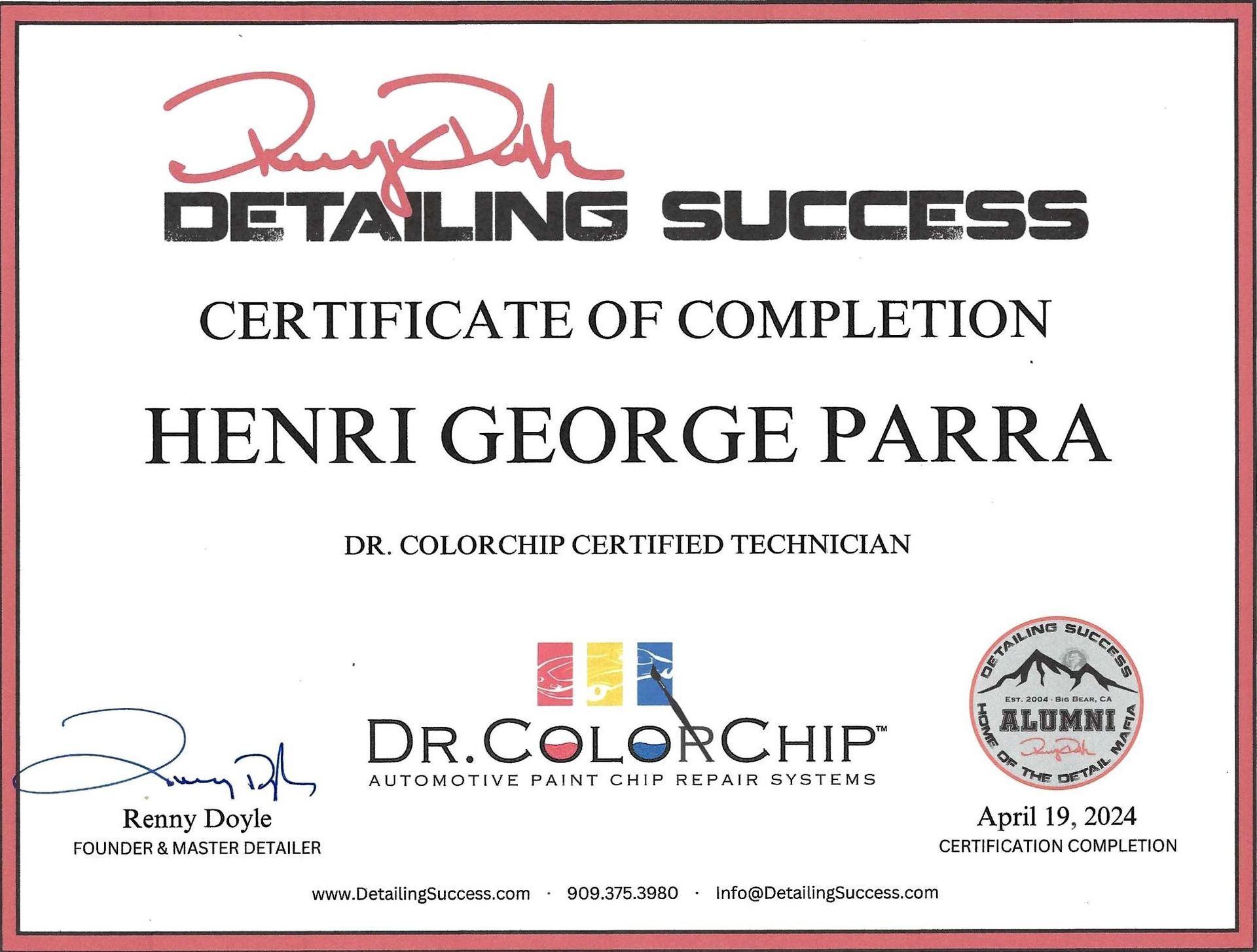 A certificate of completion for henri george parra