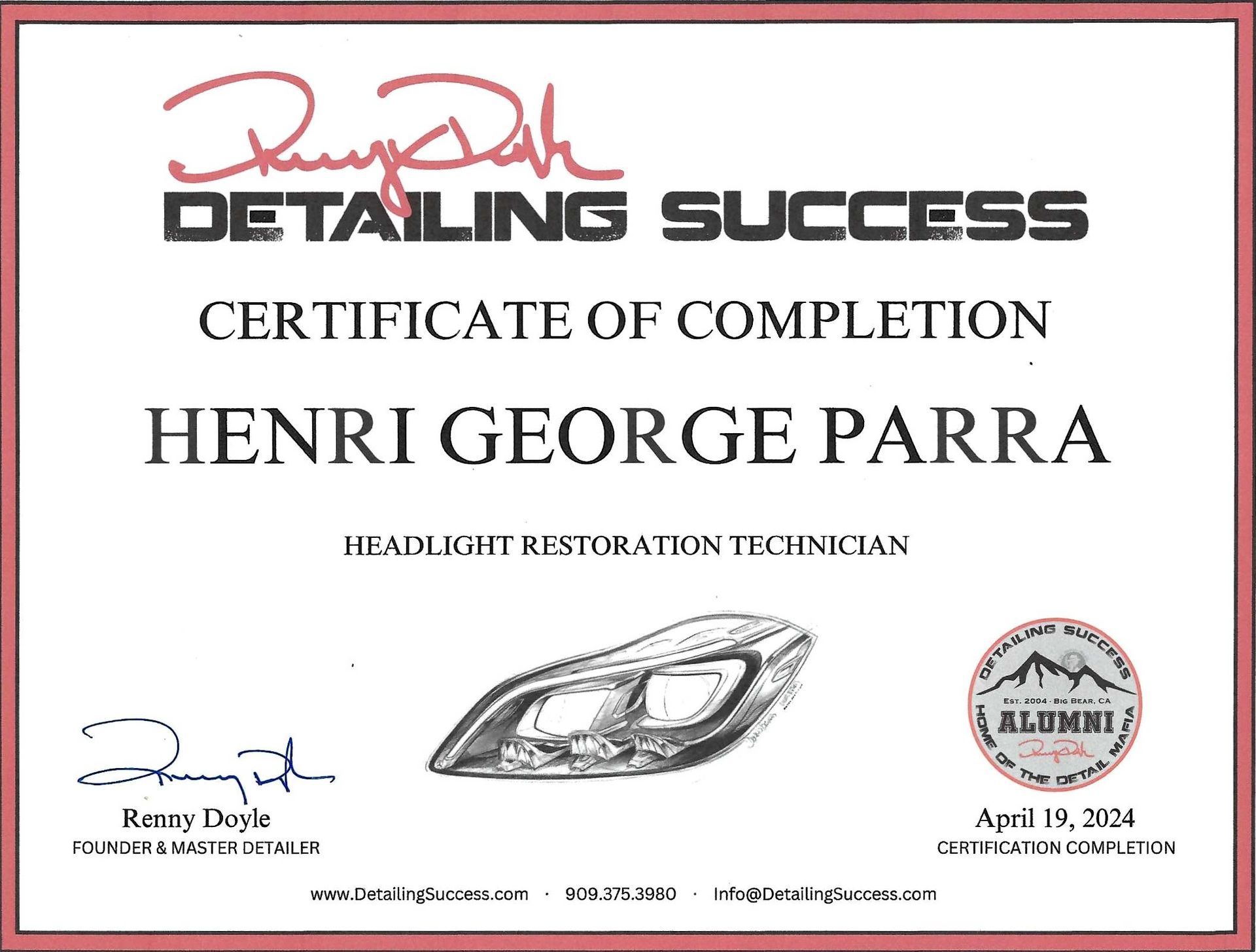 A certificate of completion for henri george parra